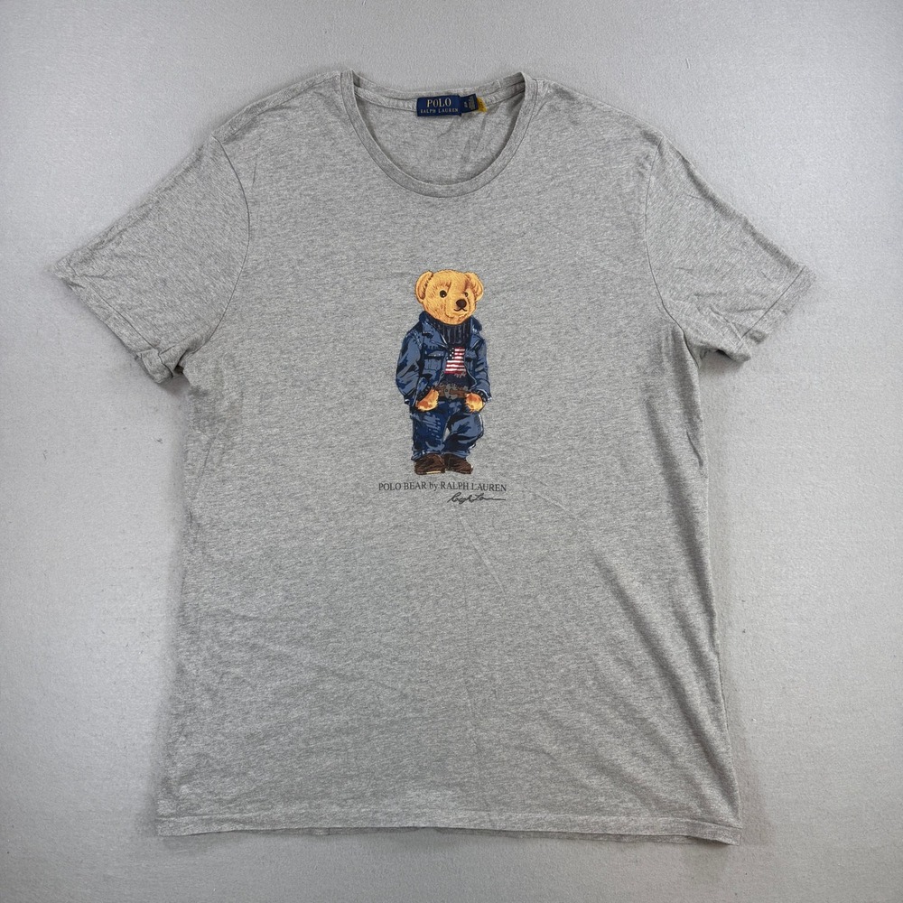 Polo Ralph Lauren T-Shirt Men XL Gray Denim Bear Graphic Tee Short Sleeve Preppy